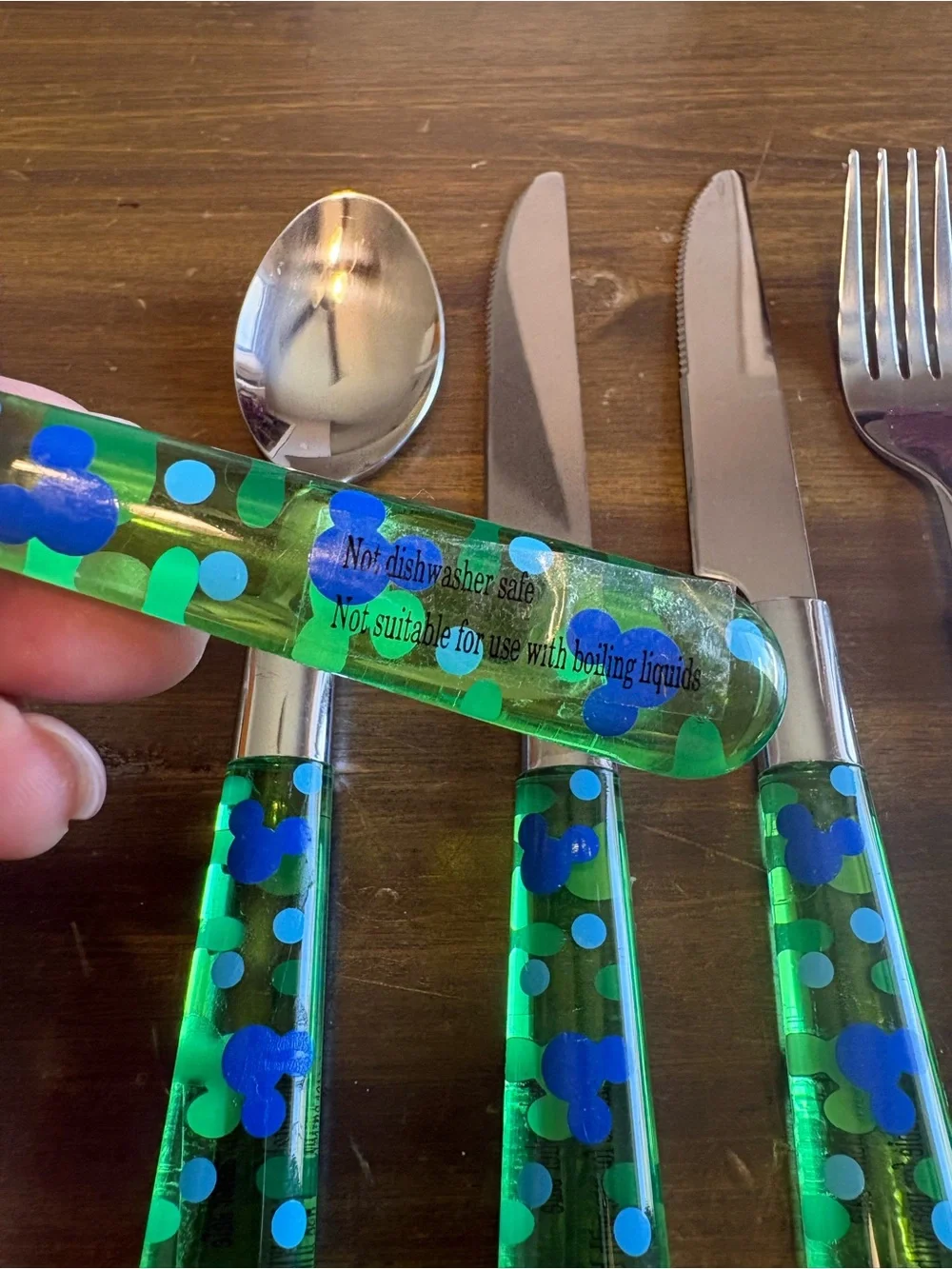 Vintage Mickey Mouse Stainless Steel Flatware Set Green Blue Translucent Logo 6